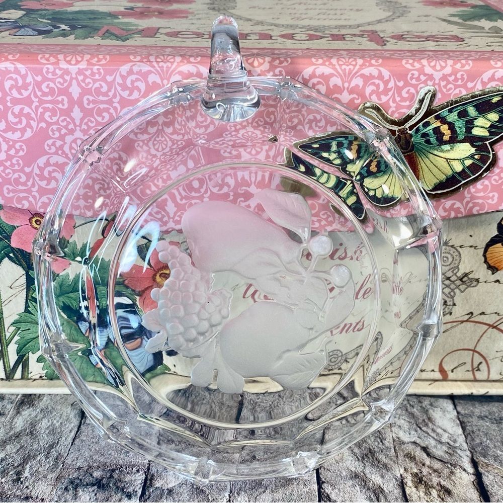 Val St Lambert Crystal Serving Dish Candy Nappy Bowl Floral Mid Century